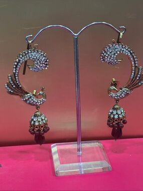 Gold-Tone Crystal Peacock Jhumka Earrings with Maroon Drops